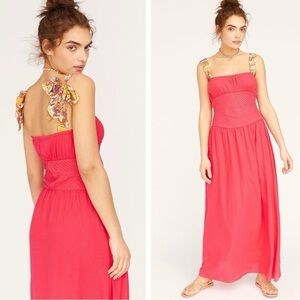 NEW $148 Free People Linen Santorini Maxi Dress Hibiscus Pink Boho Beachy Size 4